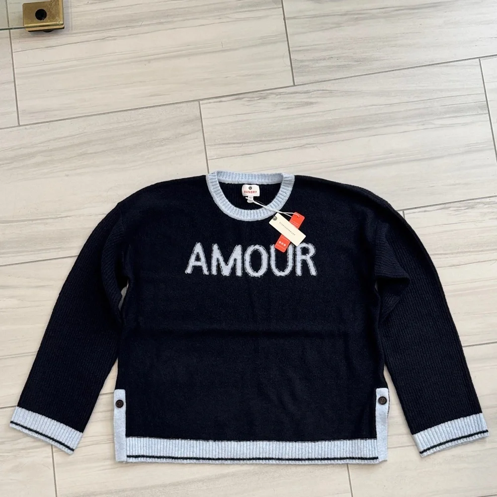 Anthropologie Navy and Light Blue Amour Sweater Size L NWT